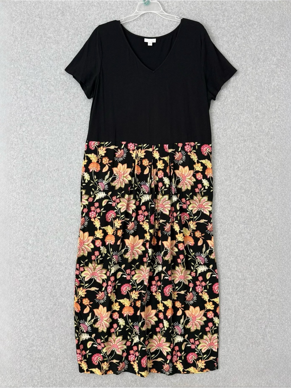J. Jill Maxi Midi Dress Large Black Floral Print Short Sleeve V Neck Casual READ